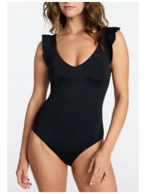 Black Ruffle Sleeve Deep Neck Plunge One Piece Swimsuit